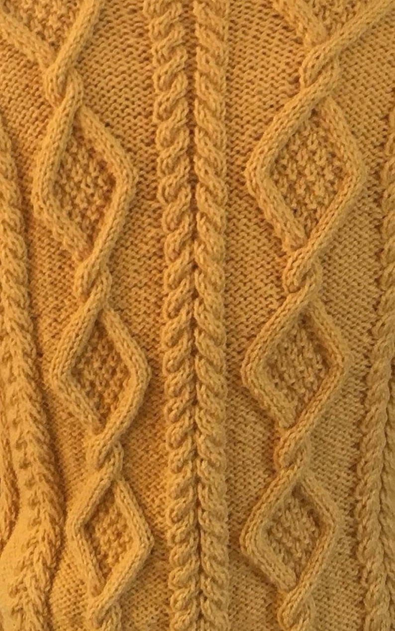 May include: Close-up of a mustard yellow knitted fabric with a cable knit design. The pattern features diamond shapes and vertical braided columns, creating a textured surface. The knitwear showcases a detailed, warm, and cosy aesthetic.