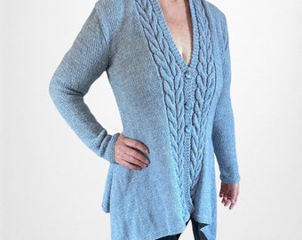 Women's Long, V Neck Cardigan, Aran Weight Chest Size 36-38" (92-97 cms), Blue Cardigan,Hand Knitted in Luxury Alpaca with Wool Yarn