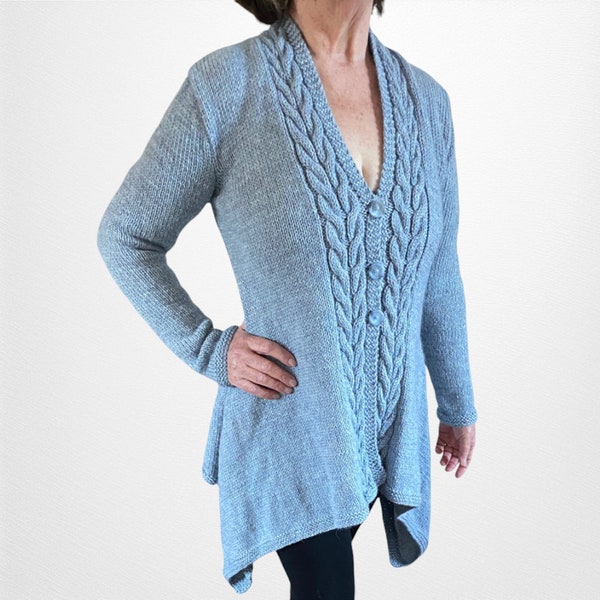 Women's Long, V Neck Cardigan, Aran Weight Chest Size 36-38" (92-97 cms), Blue Cardigan,Hand Knitted in Luxury Alpaca with Wool Yarn