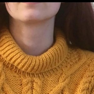 May include: Mustard yellow cable-knit sweater with a ribbed turtleneck. The sweater has a textured pattern across the chest and sleeves. The model is wearing the sweater.