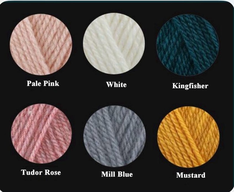May include: Six balls of yarn in a range of colours, each presented in a circular shape against a black backdrop. The colours are pale pink, white, teal, Tudor rose, grey-blue, and mustard yellow. Each colour is labelled with its name.