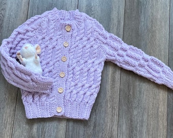 Girls Cable Pattern, Lavender Cardigan, Hand Knitted,Fits Chest 24" (61cms) Approximate age 4 - 5 years