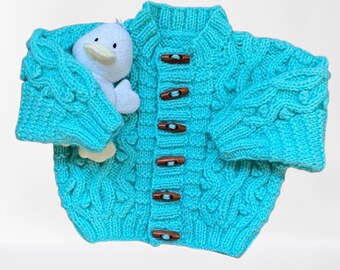 Baby Boy Cardigan: Aqua Blue Cable Pattern, Olive Wood Buttons (3-6 Months)