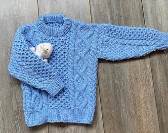 Boys, Blue, Hand Knitted, Cable Patter Sweater, Fits Age 2 - 3 years, Chest 56cms