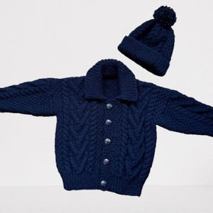 Hand Knitted Wool Blend Childs Jacket - Matching Hat, Navy Blue, Age 3-4 Years image 2