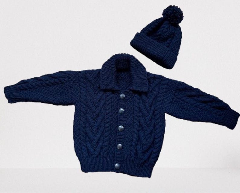 Hand Knitted Wool Blend Childs Jacket - Matching Hat, Navy Blue, Age 3-4 Years image 2