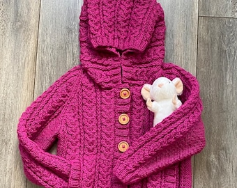 Girl's Aran Cardigan, Hood And Pockets  Chest Size 22"  (56cms) Fits Age 3 - 4 years