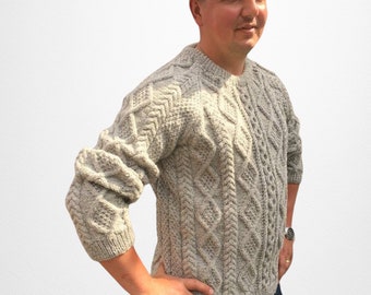 Mans, Grey, Cable Pattern, Aran Wool Jumper, Chest 40-42" ((102-107 cms)