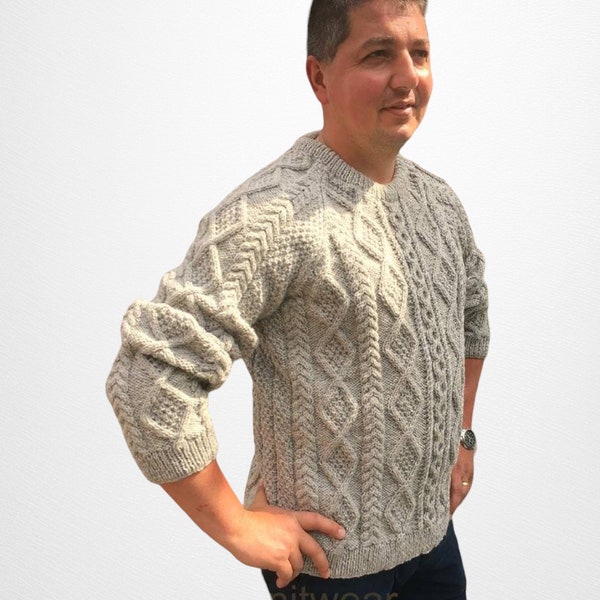 Mans, Grey, Cable Pattern, Aran Wool Jumper, Chest 40-42" ((102-107 cms)