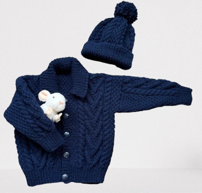Hand Knitted Wool Blend Childs Jacket - Matching Hat, Navy Blue, Age 3-4 Years image 8
