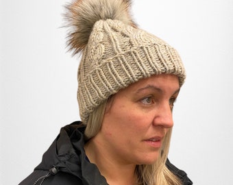 Womans Beanie Hat With Large Large Pom Pom,Chunky Pure Wool - Fits Average Ladies Head Circumference