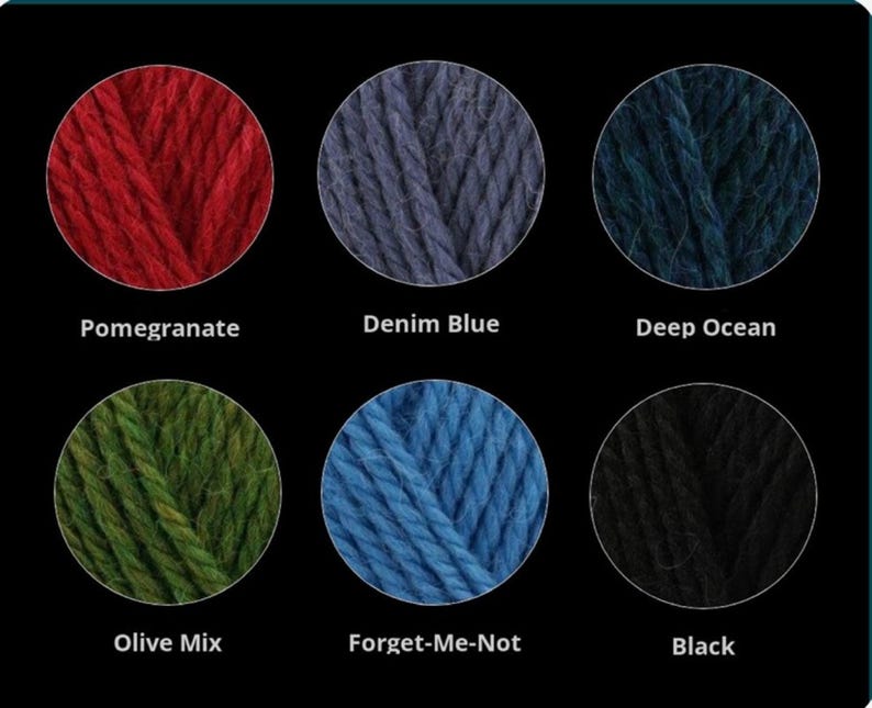Op de afbeelding: Een kleurenkaart met zes cirkelvormige stalen van getwijnd garen in granaatappelrood, denimblauw, diep oceaanblauw, olijfmix groen, vergeet-mij-nietjesblauw en zwart. Elk garenmonster is voorzien van de bijbehorende kleurnaam.