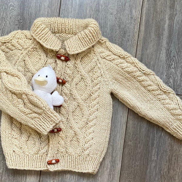 Boys Hand Knitted Cardigan, Cable Pattern, Beige, Chest Size 20" (51cms)  Approximate Age 1 - 2 years