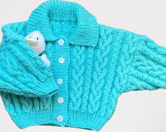 Toddlers Cardigan, Fits Chest 20" (51cms) Aqua Blue, Cable Pattern And Collar