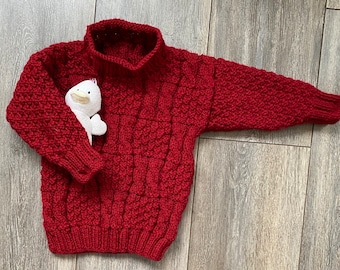 Childs Sweater, Red, Age 2 - 3 years Cable Pattern Chest Size 22" (56 cms)