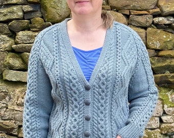 Womans Cardigan,V Neck,  102-107cms (40-42") Wool With Alpaca Blend Yarn, Cable Pattern Hand Knit