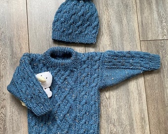 Boys Jumper, Blue, Hand Knitted, Matching Beanie Hat, Age 1 - 2 years - Chest 20" (51cms)