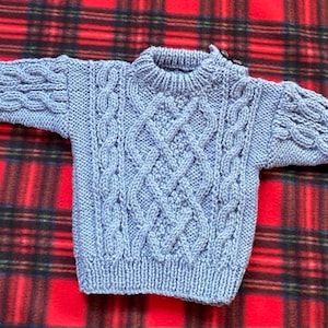 Hand Knitted Baby Cable Jumper: Blue Wool Blend, 6-12 Months