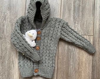 Boys, Aran Cardigan, Grey, Hooded, Cable Pattern - Fits Age 1 - 2 years