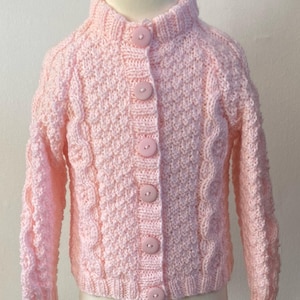 Hand Knit Girls Pink Cardigan: Cable Pattern, Acrylic Yarn, 2 - 3 years