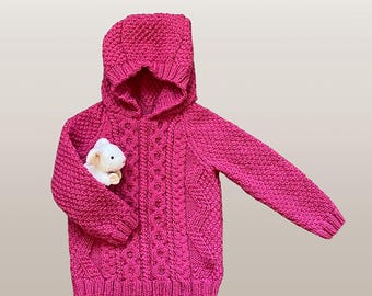 Hooded Jumper, Age 4 - 5 years, Cable Pattern, Wool with Acrylic Blend Yarn
