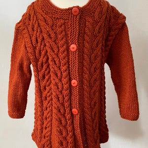 Girls Long Cardigan, Age 2 - 3 years, Hand Knitted, Cable Pattern, Wool Blend Yarn In Rust