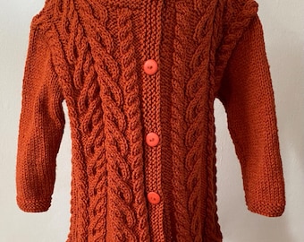 Hand Knit Girls Cable Cardigan, Wool Blend, Rust, 2-3 Years