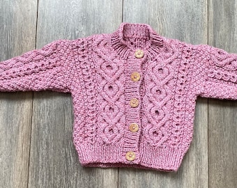 Hand Knitted, Girls Pink Cardigan, Cable Design, Chest 20" (51cms) Fits Age 1 - 2 years