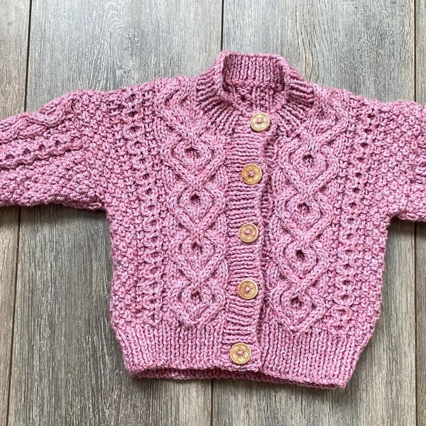 Hand Knitted, Girls Pink Cardigan, Cable Design, Chest 20" (51cms) Fits Age 1 - 2 years