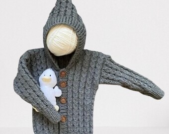 Boys Grey Hooded Cardigan, 9-18 Months Grey Wool Blend Yarn