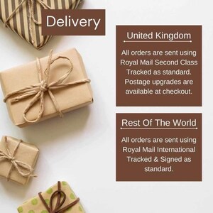 May include: Wrapped gifts with twine bows are displayed. The image includes text that reads "Delivery" and information about shipping within the United Kingdom and the rest of the world, including Royal Mail services.