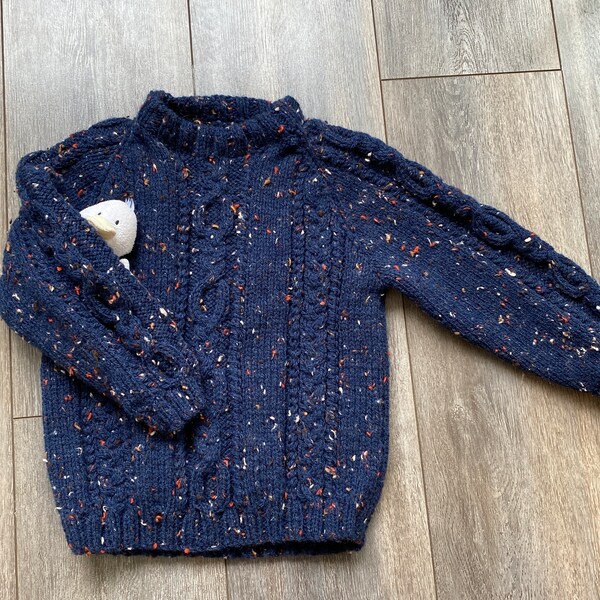 Boy's Jumper, Wool Blend, Cable Pattern, Crew Neck, Raglan Sleeve, Navy Blue, Age 4 - 5 years