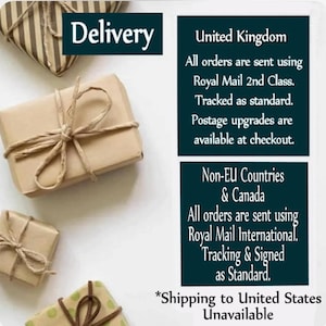 May include: Several rectangular gift boxes wrapped in plain brown paper and tied with natural twine. The text reads: Delivery, United Kingdom, All orders are sent using Royal Mail 2nd Class, Tracked as standard, Postage upgrades are available at checkout.