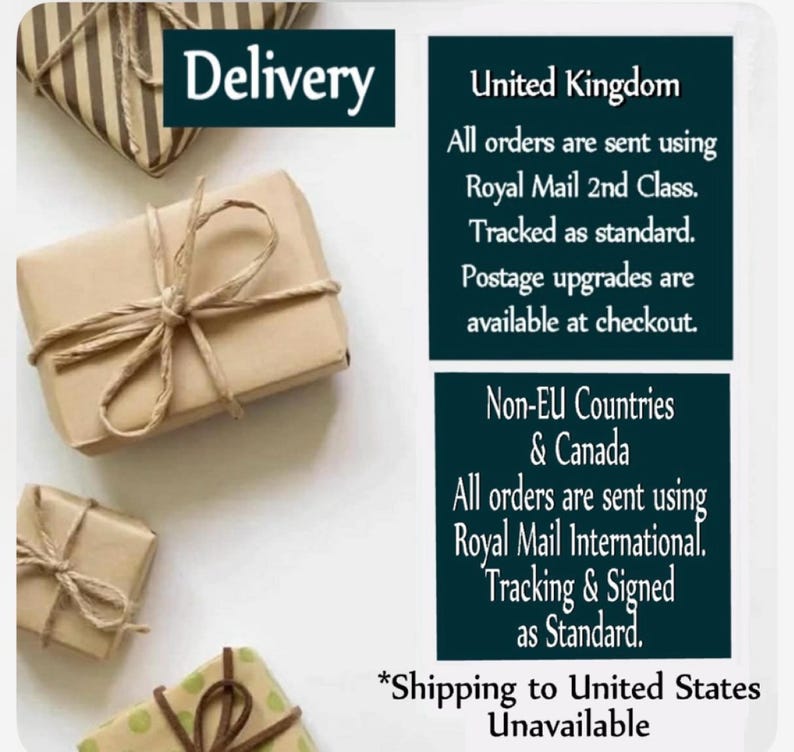 May include: Several rectangular gift boxes wrapped in plain brown paper and tied with natural twine. The text reads: Delivery, United Kingdom, All orders are sent using Royal Mail 2nd Class, Tracked as standard, Postage upgrades are available at checkout.