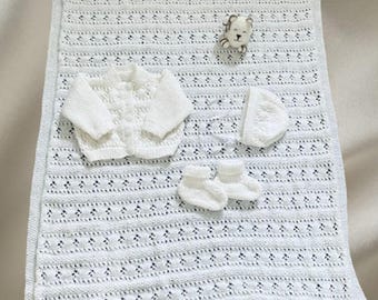 Baby Set in White, Lace  Knit Cardigan, Hat, Blanket & Booties