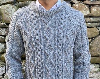 Grey Crew Neck Aran Jumper, Cable Pattern, Shetland Wool, Neutral Gender, Chest 97-102cms (38-40")