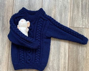 Navy Blue, Boys Jumper, Hand Knitted, Cable Pattern, Fits Chest 22" (56cms) Approximate Age (2 - 3 years