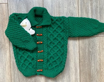 Boys Green Hand Knitted Cardigan, 20" (51cm) chest