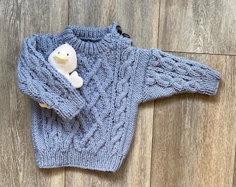 Cable Pattern, Hand Knitted Boys Blue Jumper, Fits Chest 18-20"  (46-51cms) 6 months to 1 year