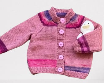 Baby Cardigan, Pink Multi-Colour Acrylic, 1-2 Years, Hand Knitted
