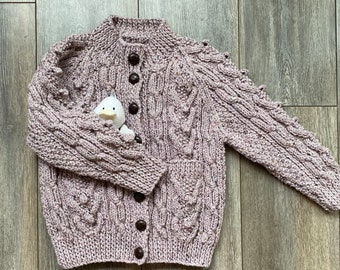 Girl's Hand Knitted Cardigan, Cable Pattern- Chest Size 24" (61.5 cms) Age 4-5 years