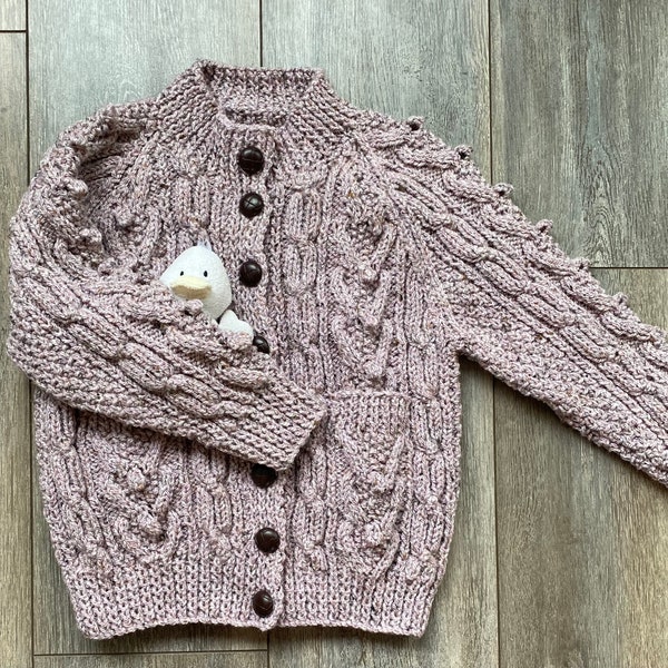 Girl's Hand Knitted Cardigan, Cable Pattern- Chest Size 24" (61.5 cms) Age 4-5 years