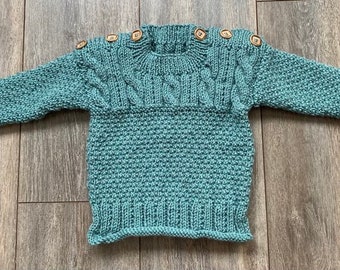 Boys Hand Knitted Green Cable Pattern Sweater, Crew Neck, Age 1 - 2 Years (51cms)