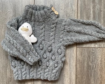 Boy's Cable Pattern, Grey Chunky Sweater - Crew Neck, Fits Chest 18-20"  (46-51cms) Pure Luxury In Alpaca Wool