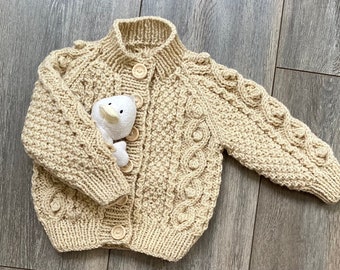 Girl's Cardigan, Beige, Chest 46 cms, Hand Knitted, Cable Pattern, Age 6 - 12 months