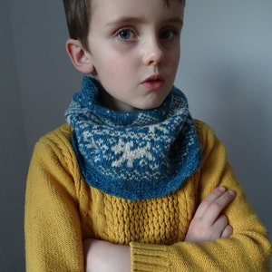 May include: A young boy wearing a yellow knitted sweater with a blue and white patterned scarf around his neck. He is looking directly at the camera with a serious expression.