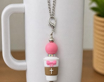 Handgemachte Silikon Tasse Charm: Kaffeetasse, rosa Schleife, Kreuz Akzent