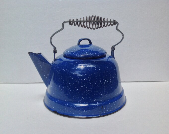 Vintage Indigo Blue Speckled Enamelware Tea Kettle Etsy