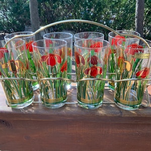 Vintage Culver Iris Cinnabar Set Of Eight Highball Glasses With Folding Gold Tone Caddy 1970s