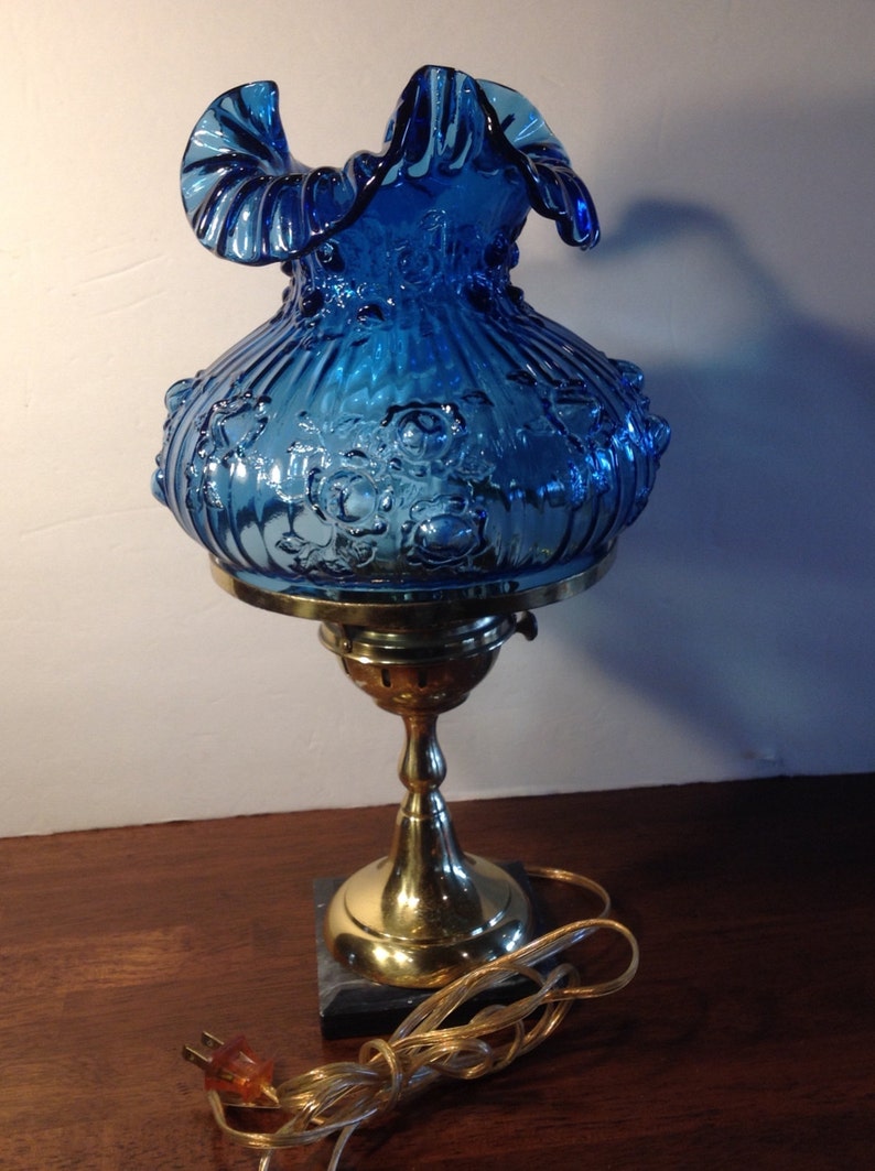 Fenton Colonial Blue Rose Art Glass Student Lamp Etsy